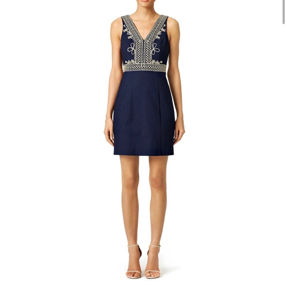 LILLY PULITZER Navy Gold Embroidered Aveline Shift Dress V-Neck